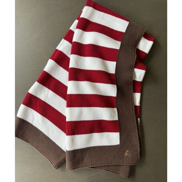 Baby Gap Red White Stripe Cotton Knit Blanket Brown Trim Brannan Teddy Bear 2007 - Picture 2 of 6